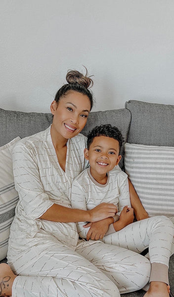 Morse Code Love Analise 3-Piece PJ worn by woman sitting on couch with her son in matching Emerson Morse Code Love PJ.