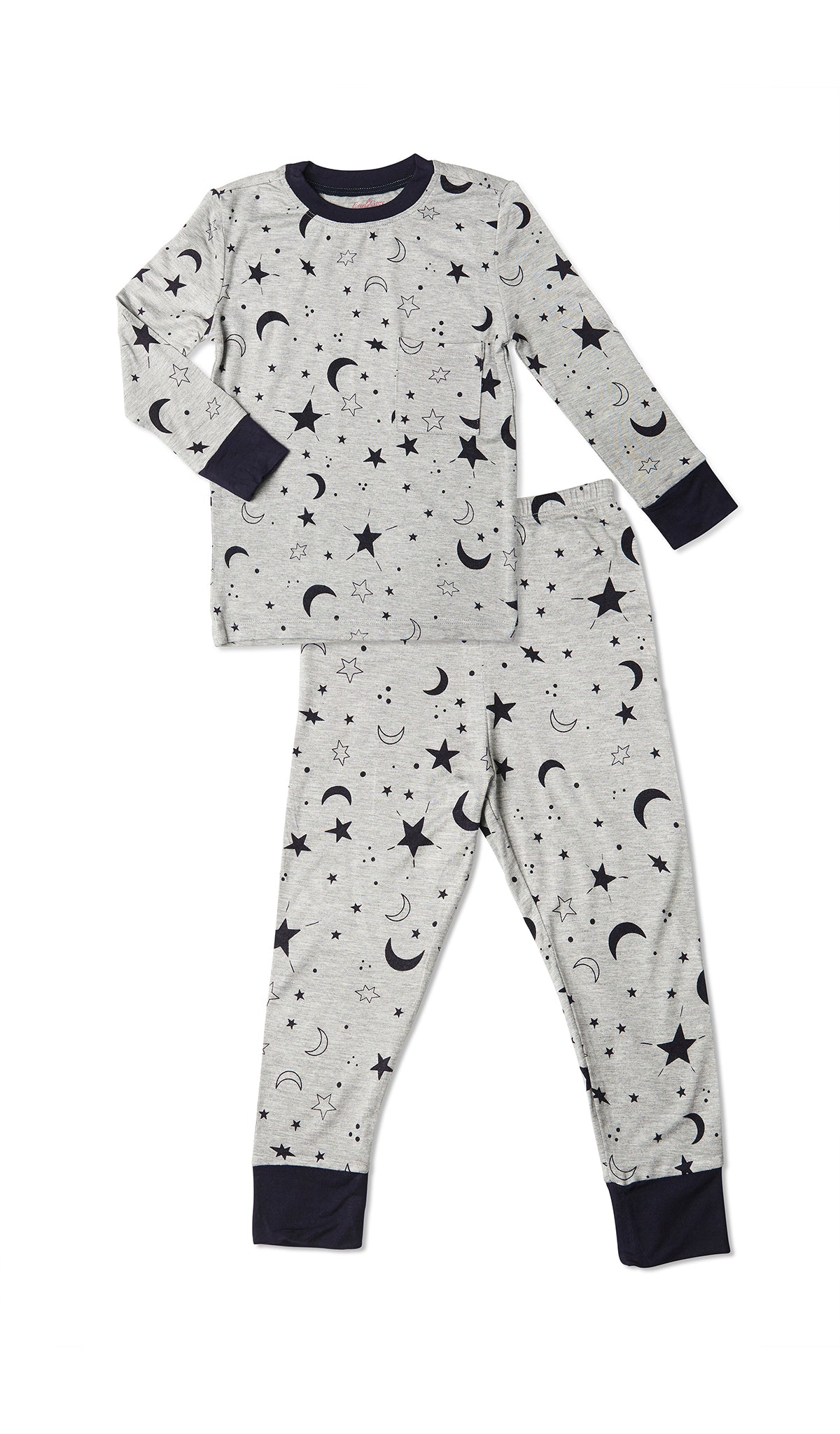 Twinkle Night Emerson Kids 2-Piece Pant PJ. Long sleeve top with cuff trim and long pant with cuff trim.