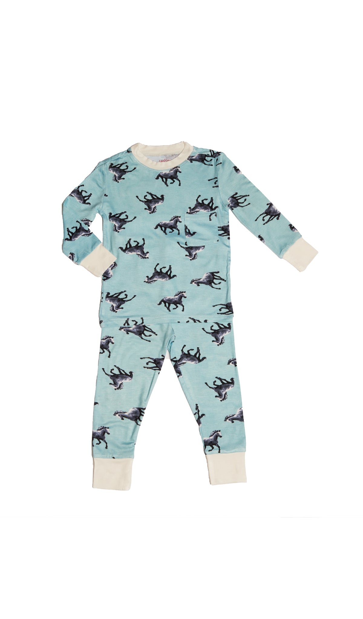 Horse Emerson Kids 2-Piece Pant PJ. Long sleeve top with cuff trim and long pant with cuff trim.
