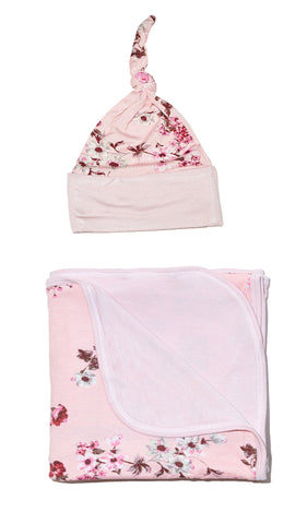 Blossom Swaddle 2-Piece Set. Knotted baby hat with matching printed blanket.