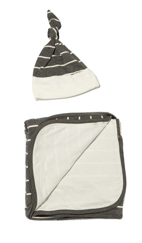 Charcoal Swaddle 2-Piece Set. Flat shot of a folded baby blanket with matching knotted baby hat.