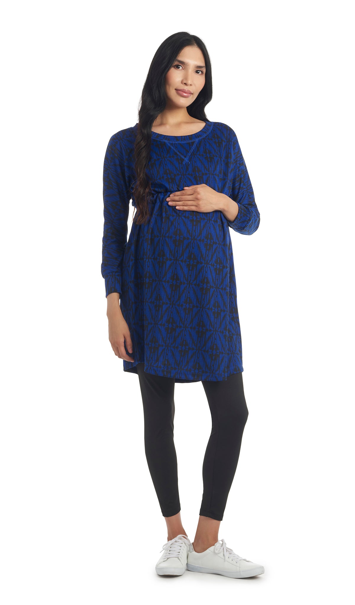 Ikat Saspphire Carter dress worn by pregnant woman over leggings.