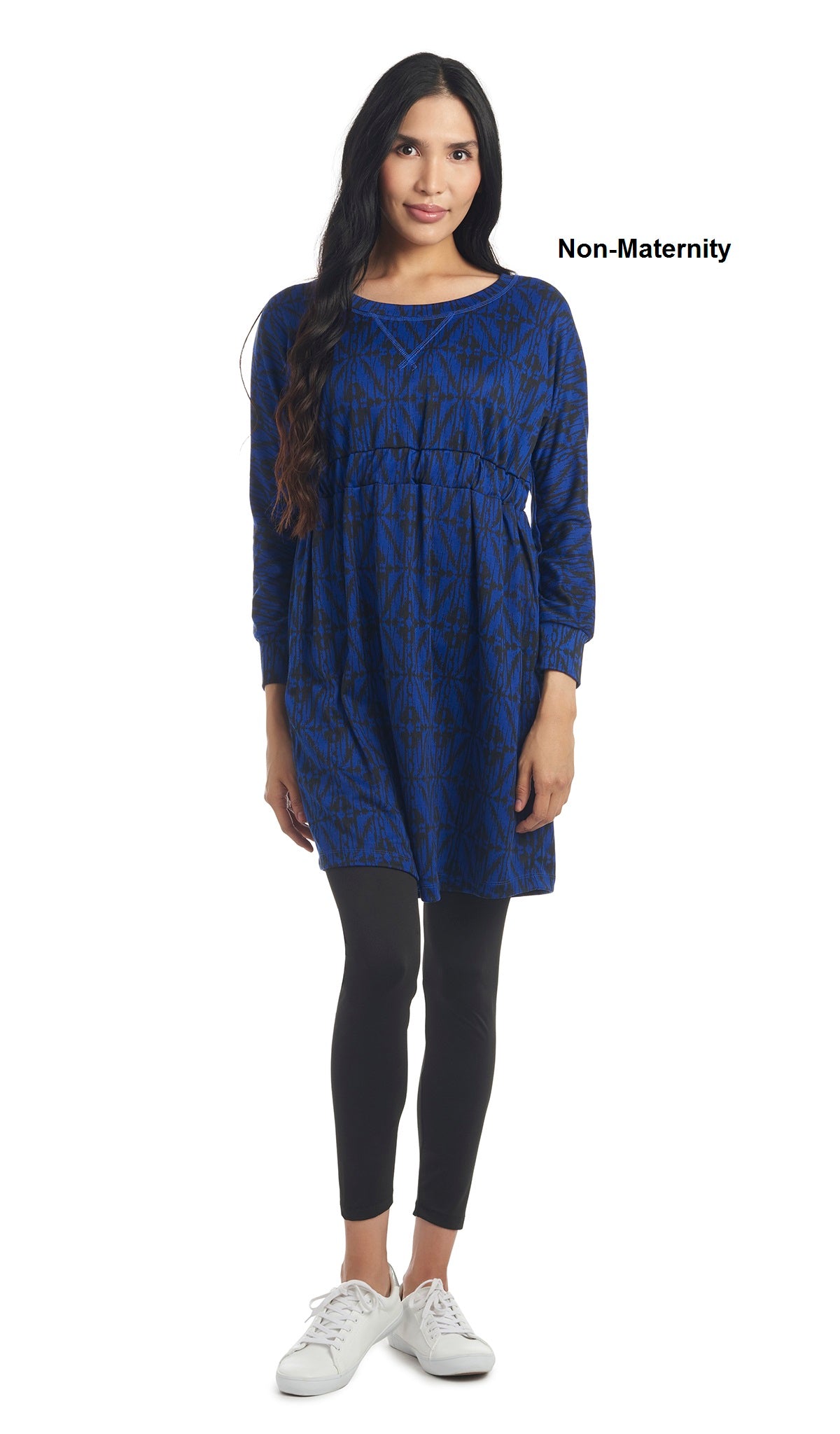 Ikat Saspphire Carter dress worn by woman as non-maternity style over leggings.