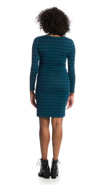 Teal Stripe Hanh back shot of dress worn by woman. 