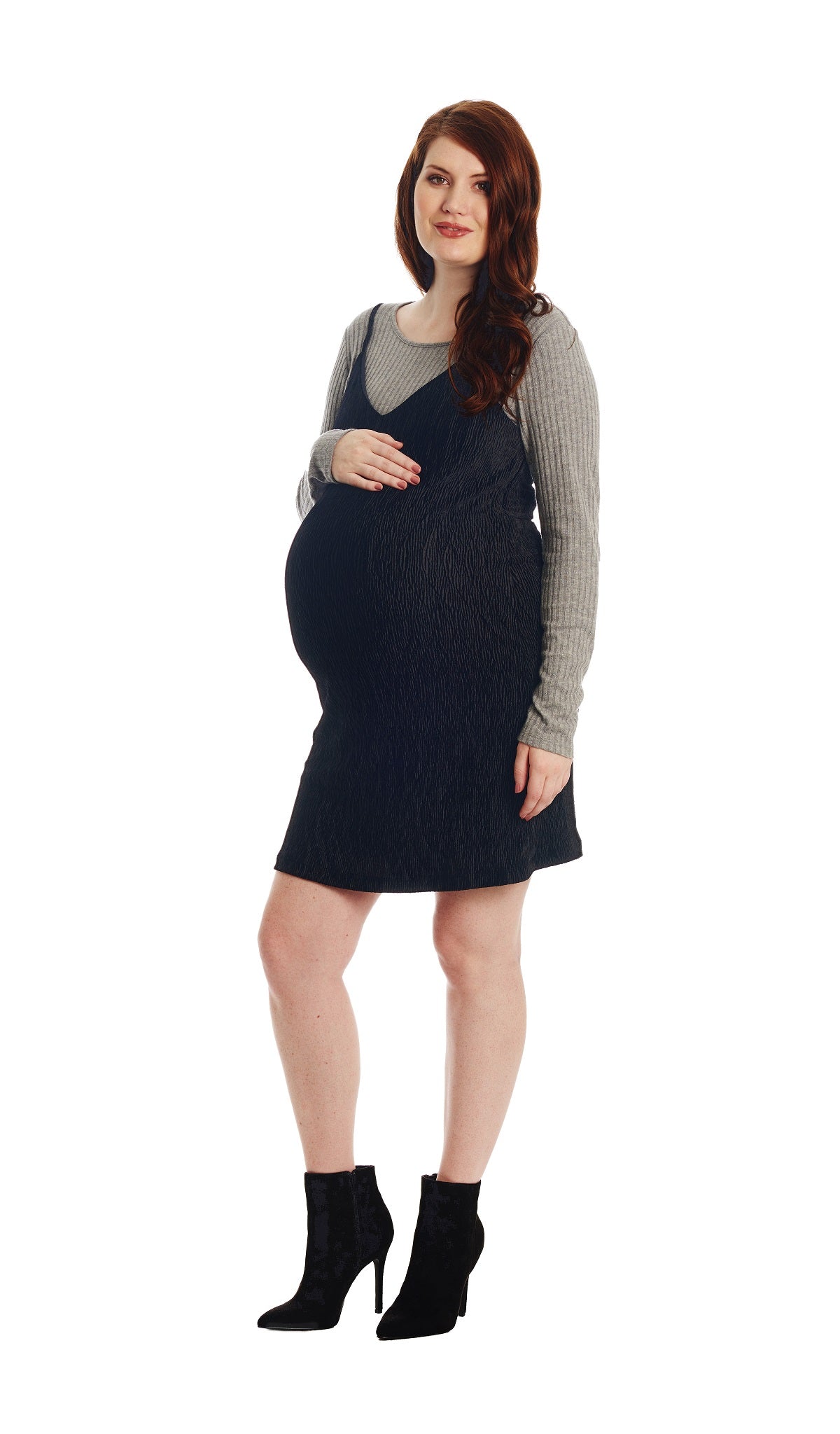 Black Aurora dress worn by pregnant woman with Cristiano long sleeve grey top layered underneath.