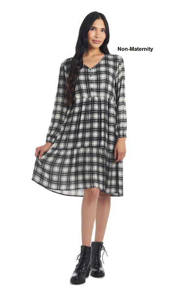 Ivory Black Plaid Tara dress worn by woman as non-maternity style.