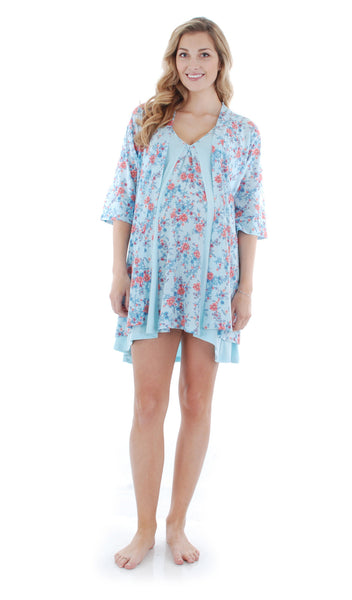 Azure Mist Dawn Chemise/Robe worn by pregnant woman with arms down to side.