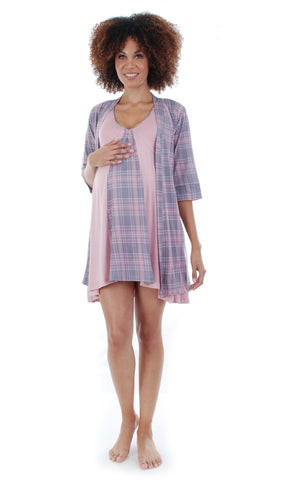 Pink Plaid Dawn Chemise/Robe worn by pregnant woman with one hand on her belly.