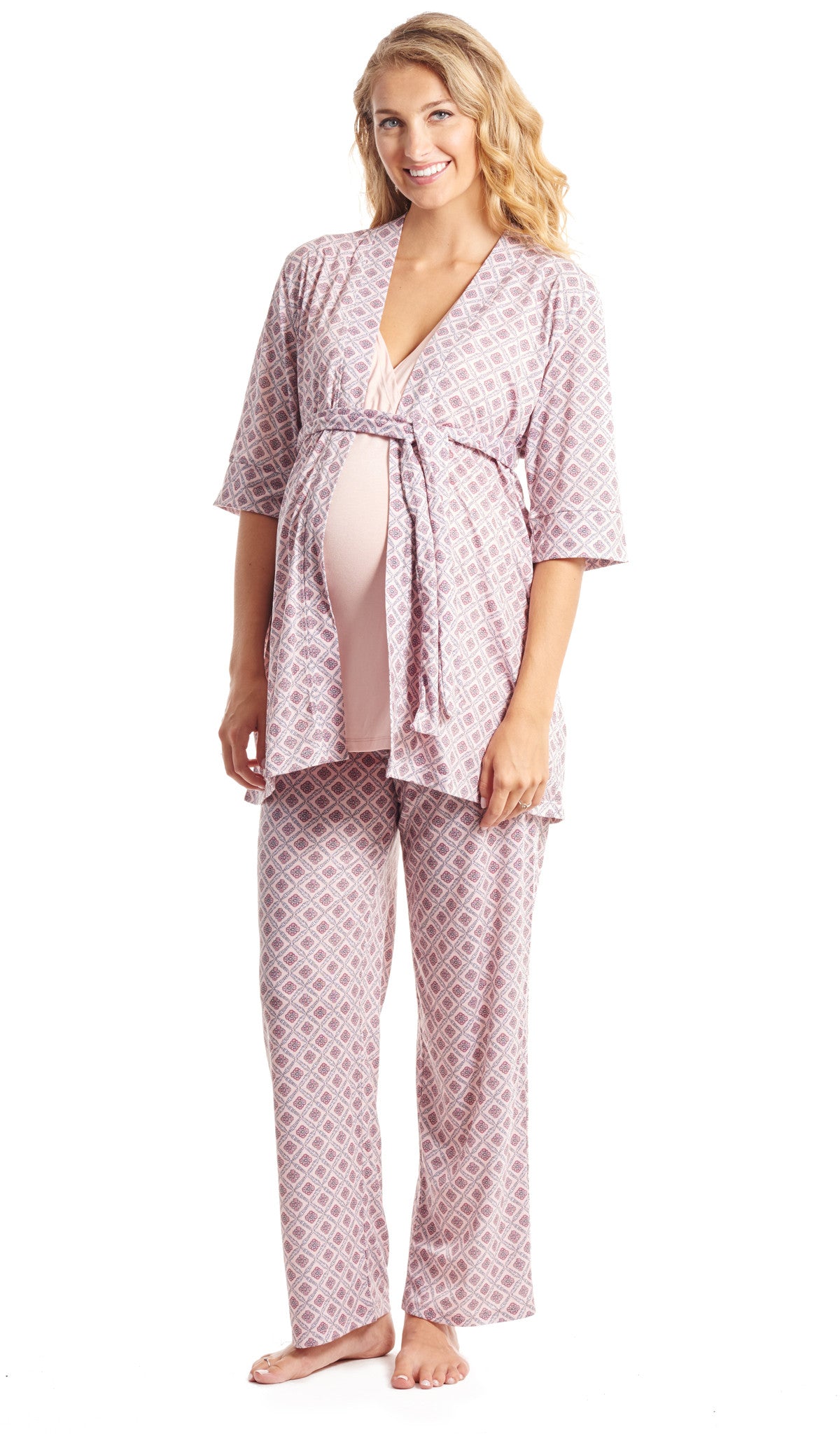 Pink Blush Susan 5-Piece. Image of pregnant  woman wearing solid tank top and printed robe and pant.