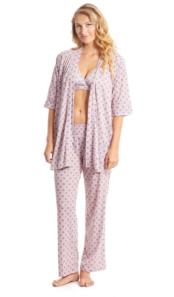 Pink Blush Susan 5-Piece image of woman wearing all-over printed bra with matching robe and pant.