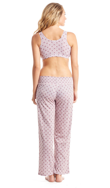 Pink Blush Susan 5-Piece back shot image of woman wearing all-over printed bra and matching pant.
