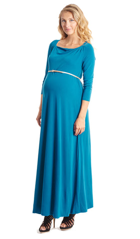 Cerulean Zelena dress worn by pregnant woman in black heeled sandals.