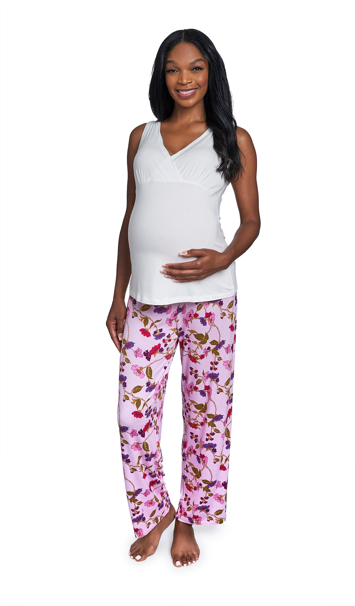 Lavender Rose Analise 3-Piece Set, pregnant woman wearing criss-cross bust tank top and pant.