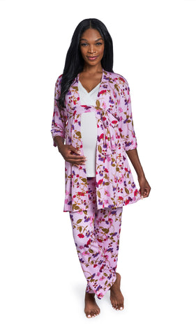 Lavender Rose Analise 3-Piece Set. Pregnant woman with one hand under belly wearing 3/4 sleeve robe, tank top and pant.