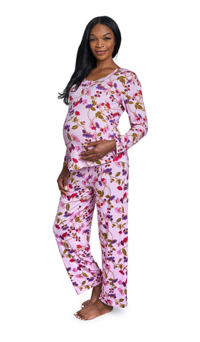 Lavender Rose Laina 2-Piece Set. Pregnant woman wearing button front placket long sleeve top and pant with one hand on belly.