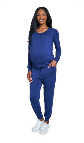 Denim Blue Whitney 2-Piece on pregnant figure. Long sleeve top with nursing access and long pant with cuff hem.