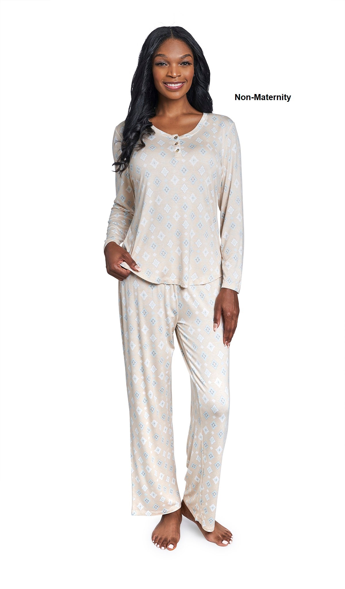 Mosaic Laina 2-Piece Set. Woman wearing button front placket long sleeve top and pant as non-maternity with one hand holding hem of shirt.