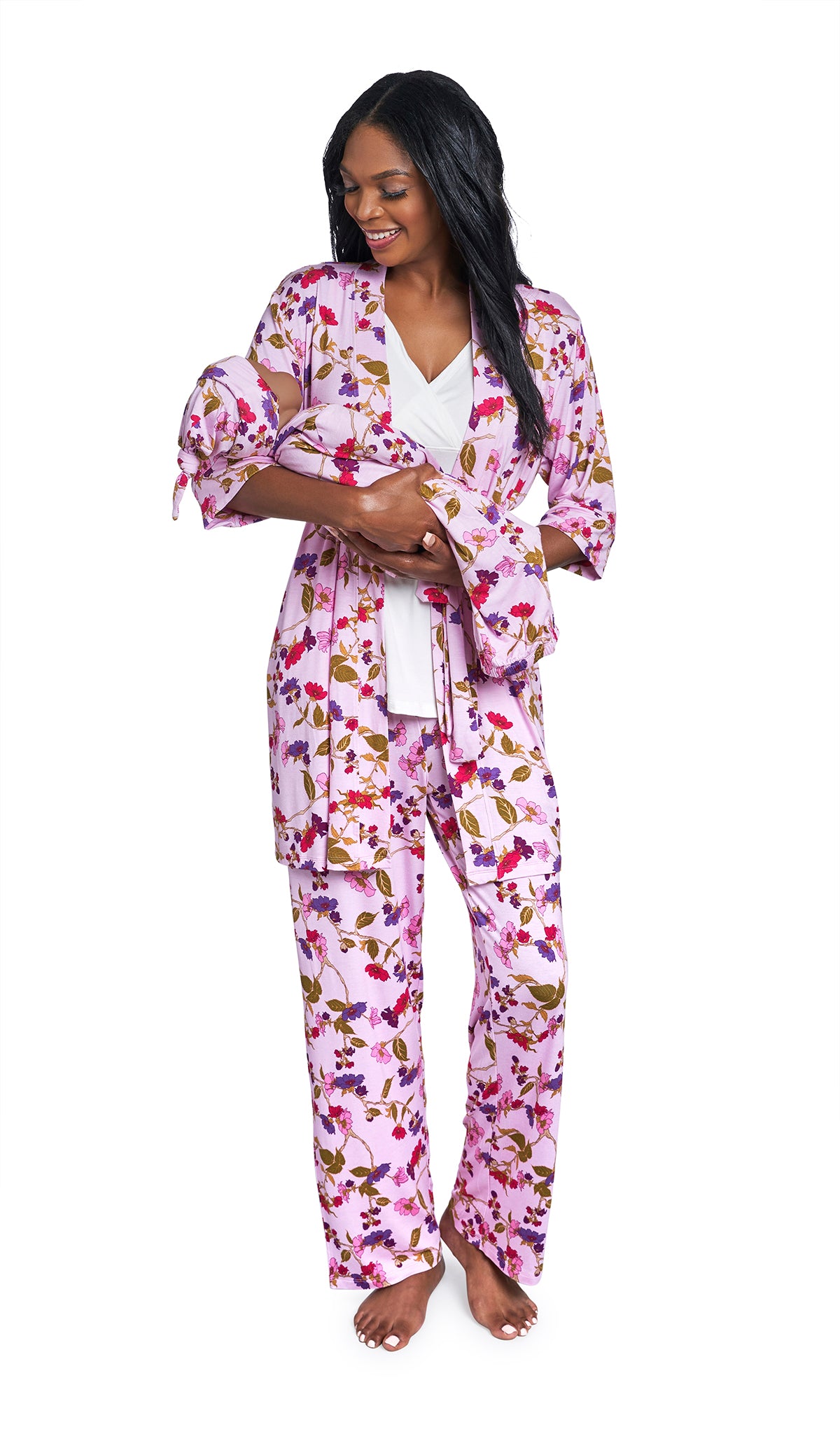 Lavender Rose Analise 5-Piece Set. Woman wearing 3/4 sleeve robe, tank top and pant while holding a baby wearing baby gown and knotted baby hat.