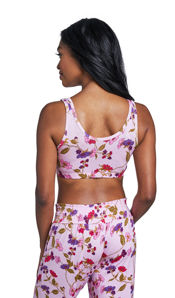 Lavender Rose Paisley 3-Pack. Detail back shot of woman wearing Lavender Rose print bra and matching pant.