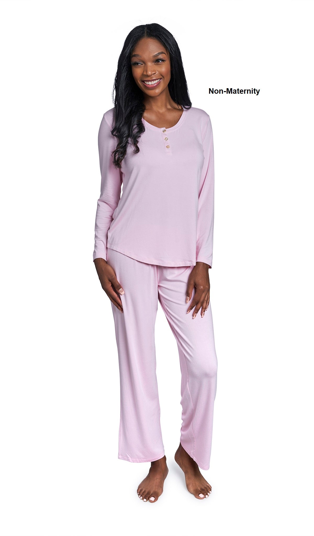 Blush Laina 2-Piece Set. Woman wearing button front placket long sleeve top and pant as non-maternity with hands to side.