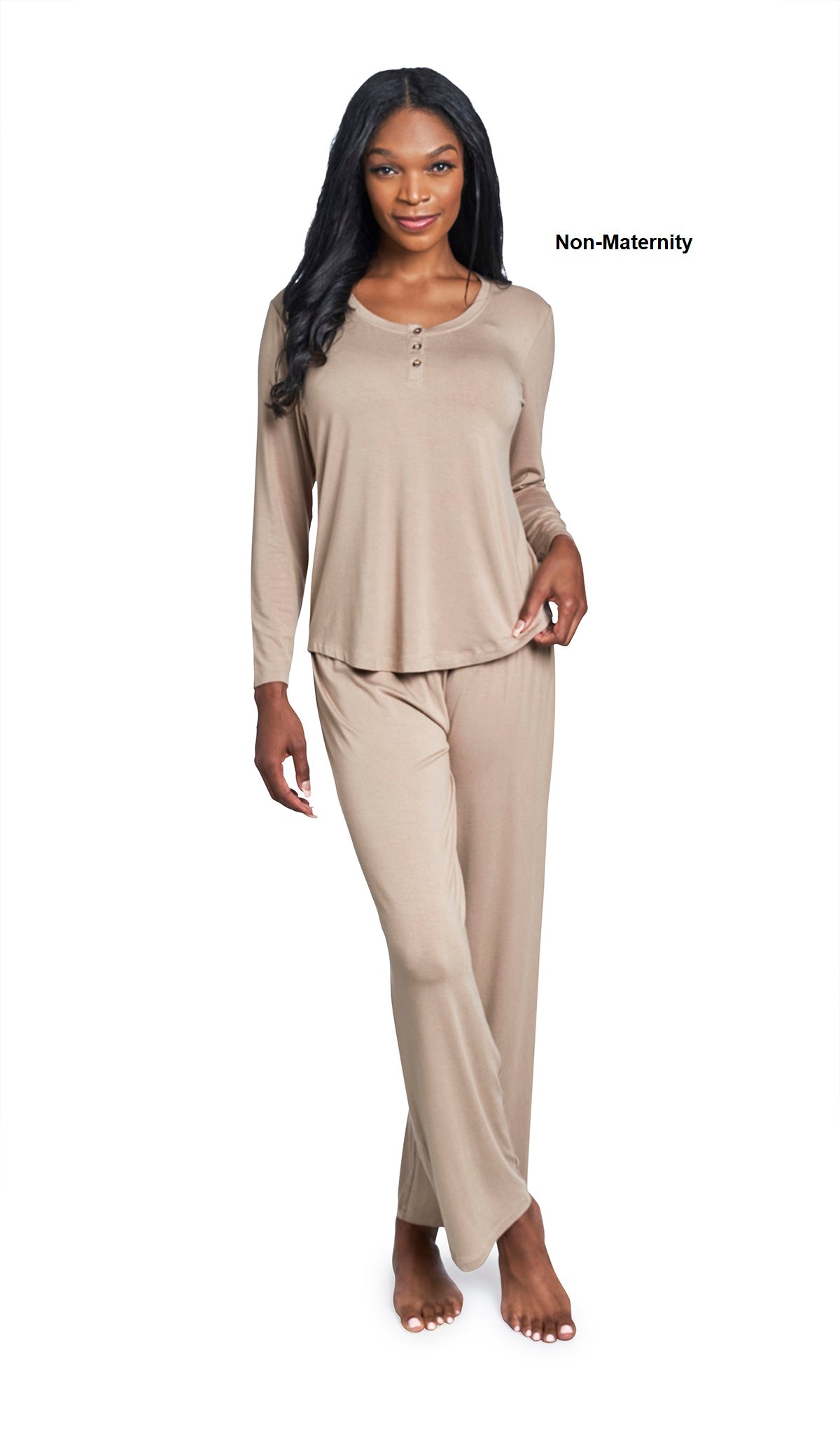 Latte Laina 2-Piece Set. Woman wearing button front placket long sleeve top and pant as non-maternity with one hand holding hem of shirt.