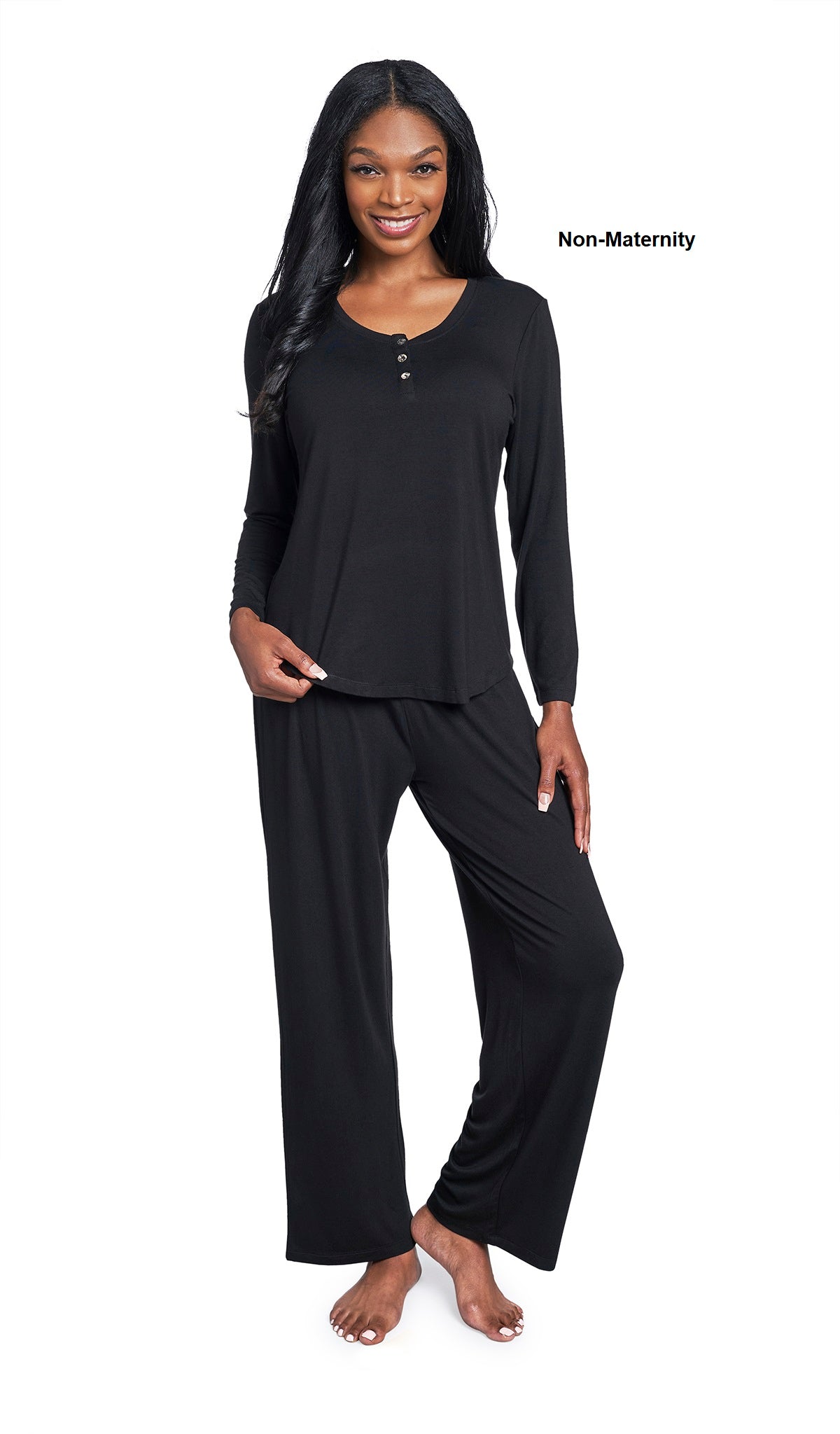 Black Laina 2-Piece Set. Woman wearing button front placket long sleeve top and pant as non-maternity with one hand holding hem of shirt.