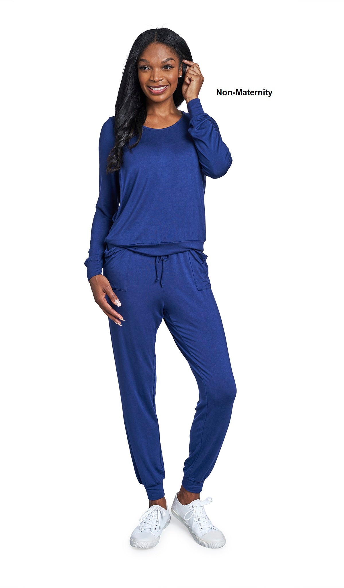 Denim Blue Whitney 2-Piece on woman wearing as non-maternity. Long sleeve top with nursing access on sides and long pant with cuff.