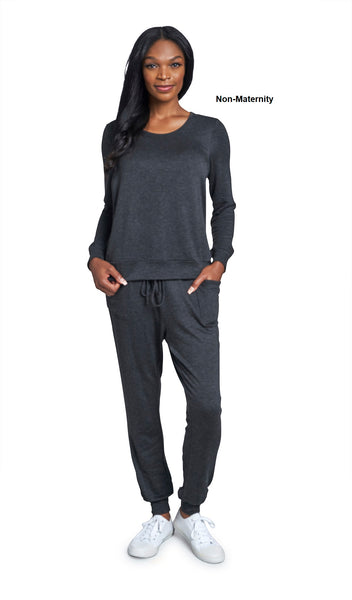 French Terry Charcoal Whitney 2-Piece on woman wearing as non-maternity. Long sleeve top with nursing access on sides and long pant with cuff.