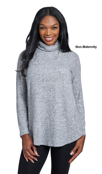 Heather Grey Teresa Sweater. Woman wearing Teresa Sweater with arms to her side as non-maternity style.