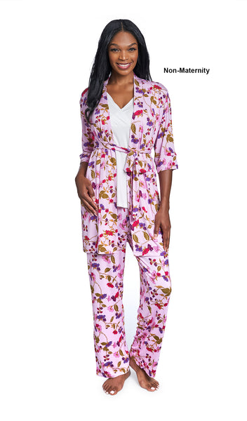Lavender Rose Analise 3-Piece Set. Woman wearing 3/4 sleeve robe, tank top and pant as non-maternity.