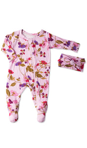 Lavender Rose Footie 2-Piece Set. Flat shot of zip front footie for baby with matching headwrap tied into a tie-knot bow.