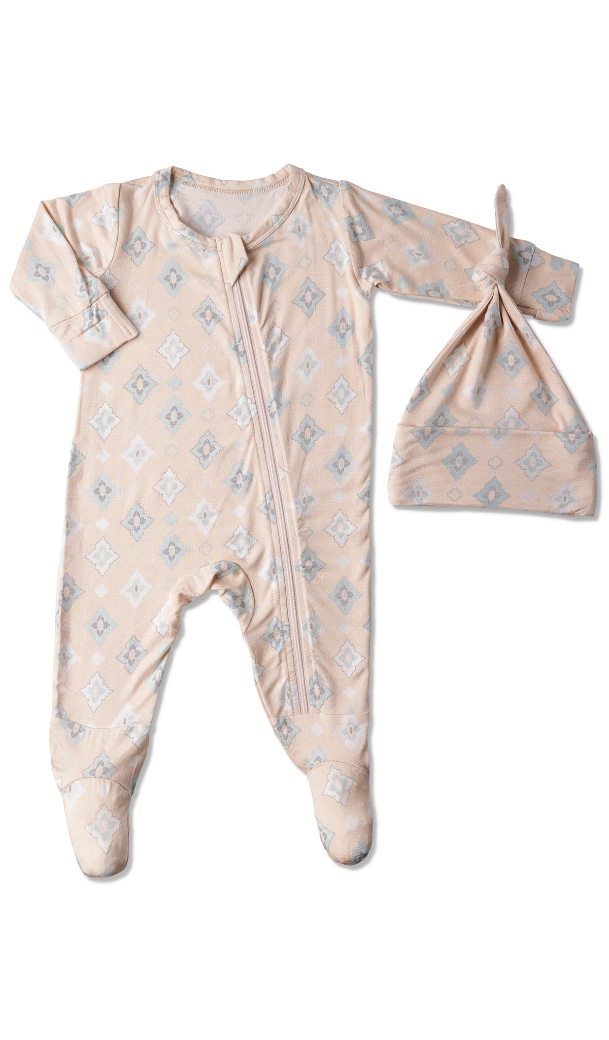 Mosaic Footie 2-Piece with long sleeves, zip front and matching knotted baby hat.