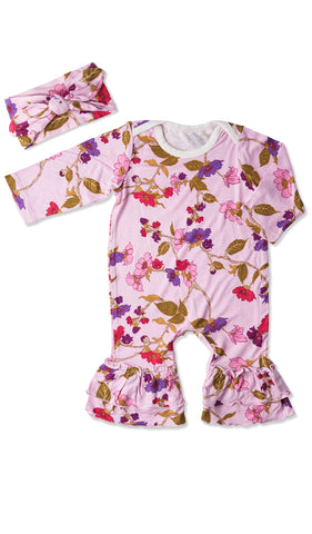 Lavender Rose Ruffle Romper 2-Piece. Flat shot of long sleeve romper with ruffles on legs and matching headwrap.