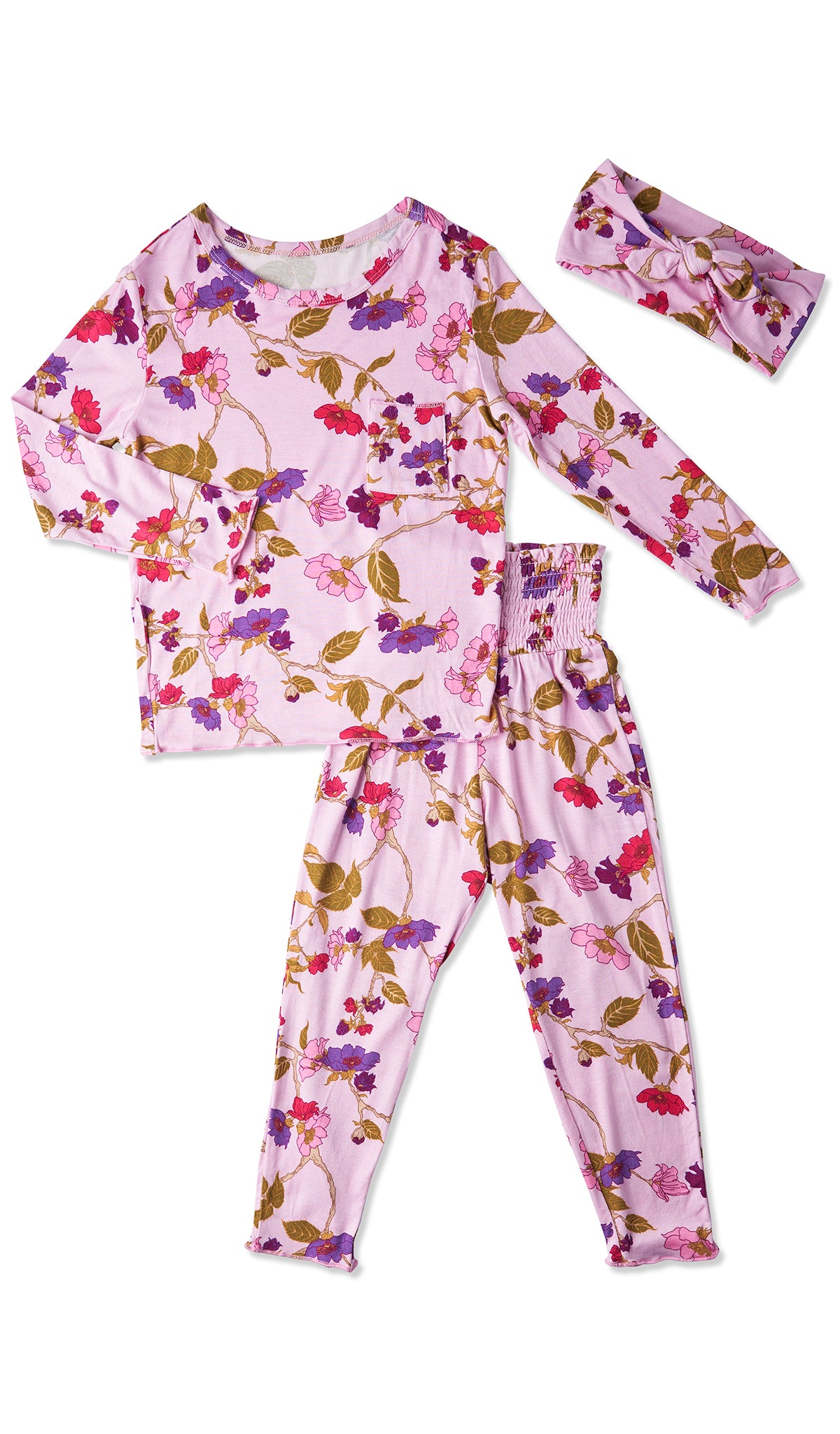 Lavender Rose Charlie Baby 3-Piece Pant PJ. Long sleeve top with smocked waistband pant and matching headwrap. Lettuce trim detail on sleeve edge, top and pant hem.