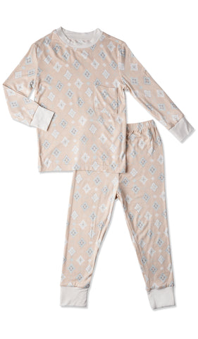 Mosaic Emerson Kids 2-Piece Pant PJ. Long sleeve top with cuff trim and long pant with cuff trim.