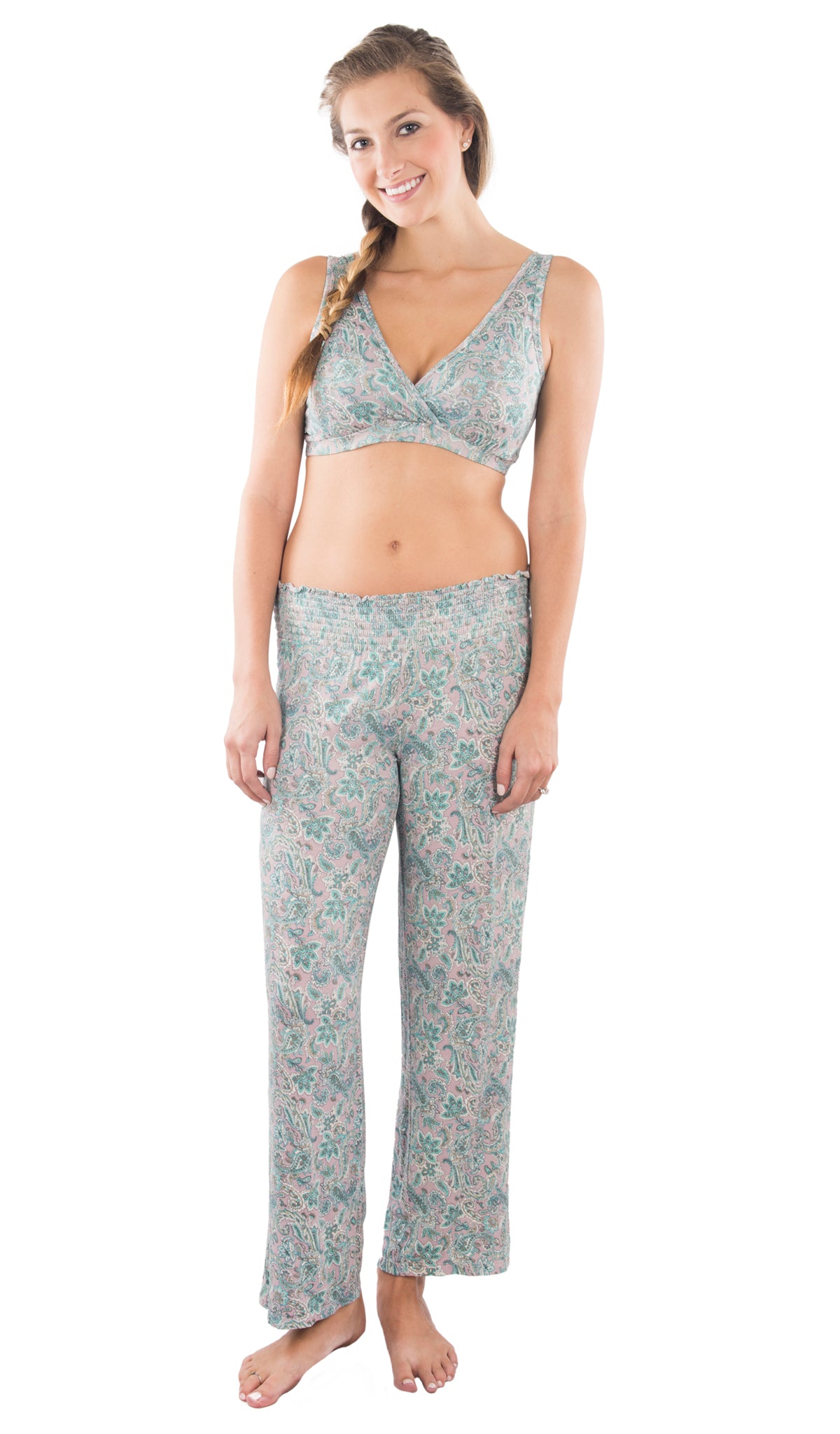 Paisley print Paisley Single Bra. Detail shot of woman wearing Paisley print bra and matching pant.