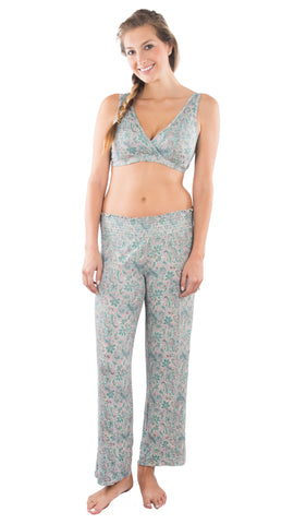 Paisley print Paisley Single Bra. Detail shot of woman wearing Paisley print bra and matching pant.
