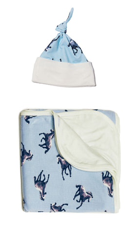 Horses Swaddle 2-Piece Set. Flat shot of a folded baby blanket with matching knotted baby hat.