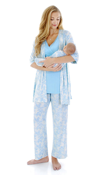 Blue Chantilly Analise 3-Piece Set. Woman wearing 3/4 sleeve robe, tank top and pant while holding a baby wearing baby gown and knotted baby hat.