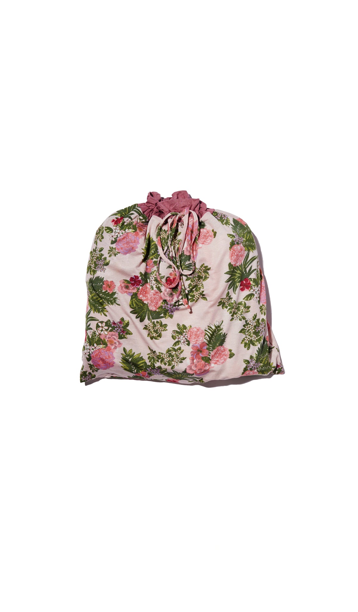 Beige Floral Adalia 5-Piece Set. Flat shot of matching drawstring gift bag.