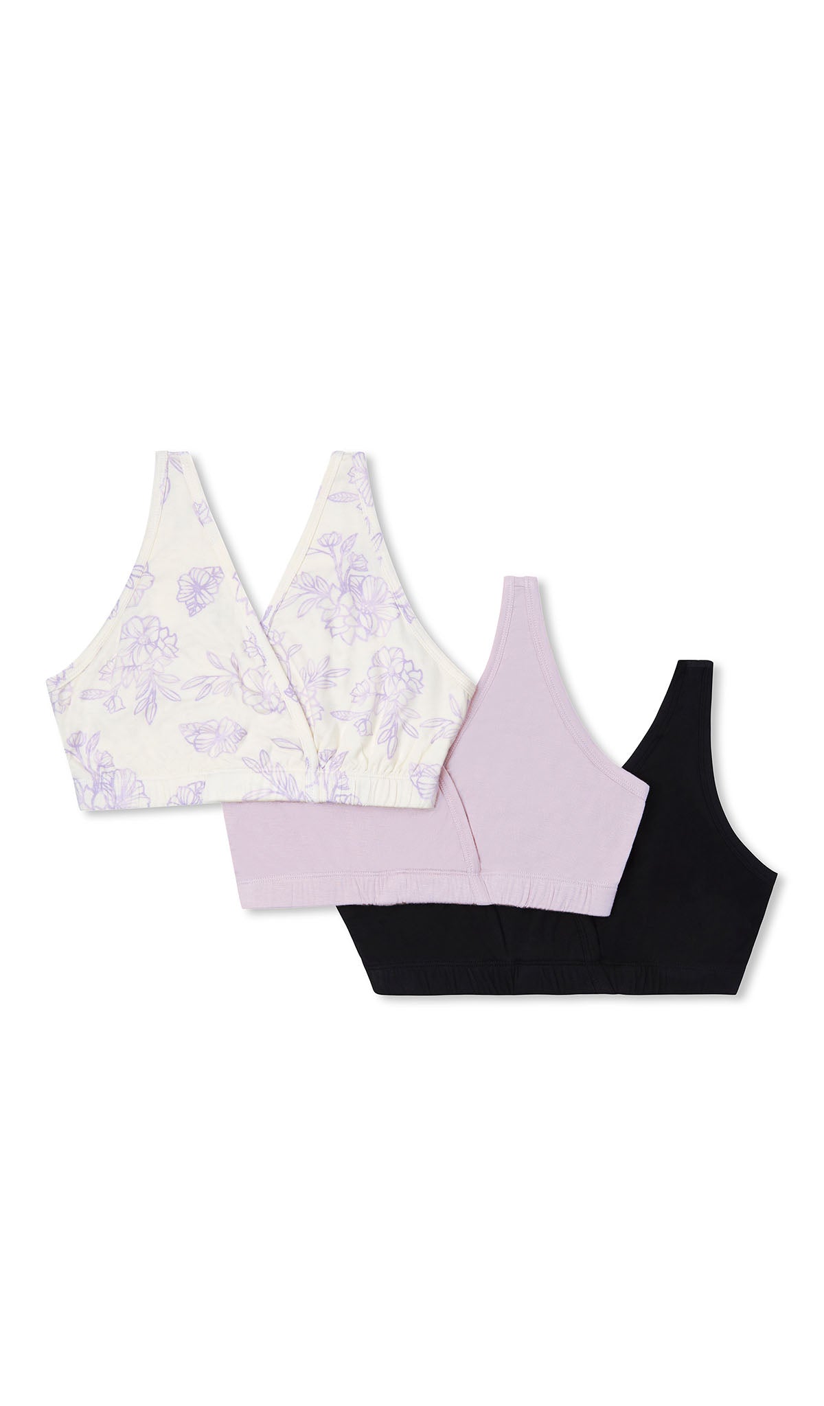 Bali Paisley 3-Pack flat shot of Bali print, lavender solid and black solid bras.