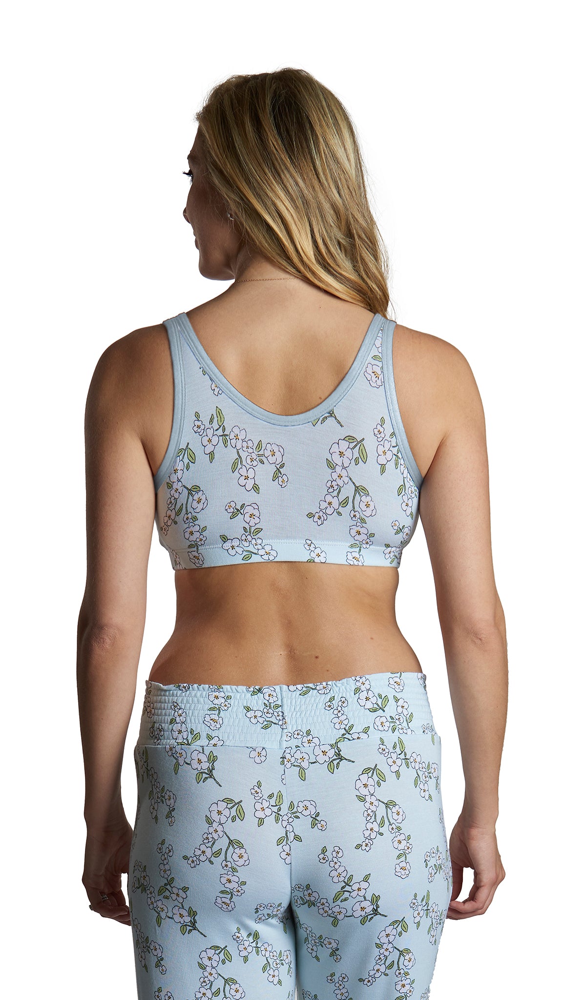 Baby's Breath Paisley 3-Pack. Detail back shot of woman wearing Baby's Breath print bra and matching pant.