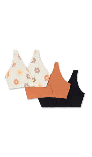 Daisies Paisley 3-Pack flat shot of Daisies print, sandstone solid, and black solid bras.