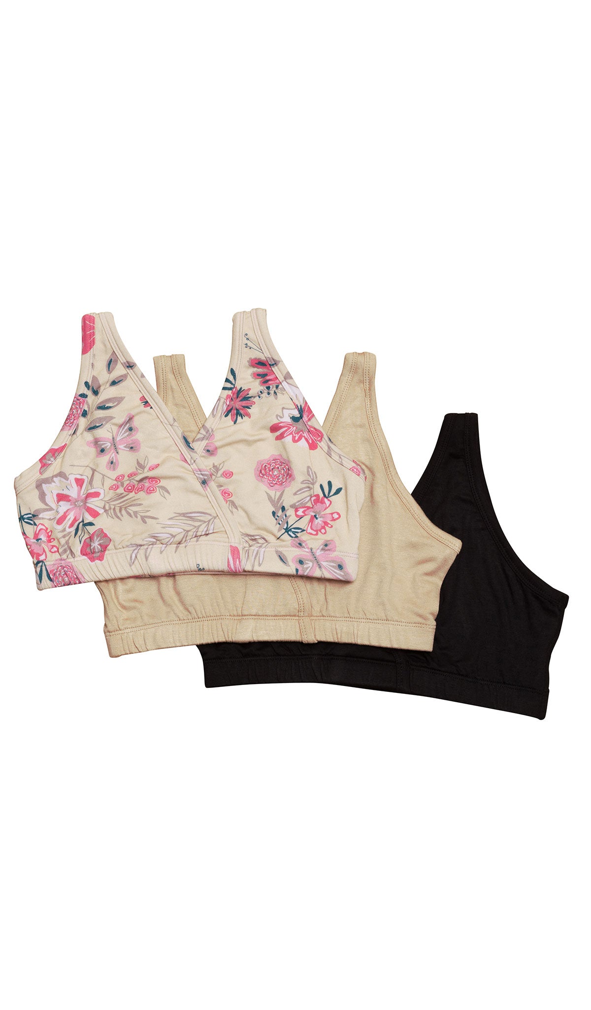 Wild Flower Paisley 3-Pack flat shot of Wild Flower bra, Nude bra, and Black bra.