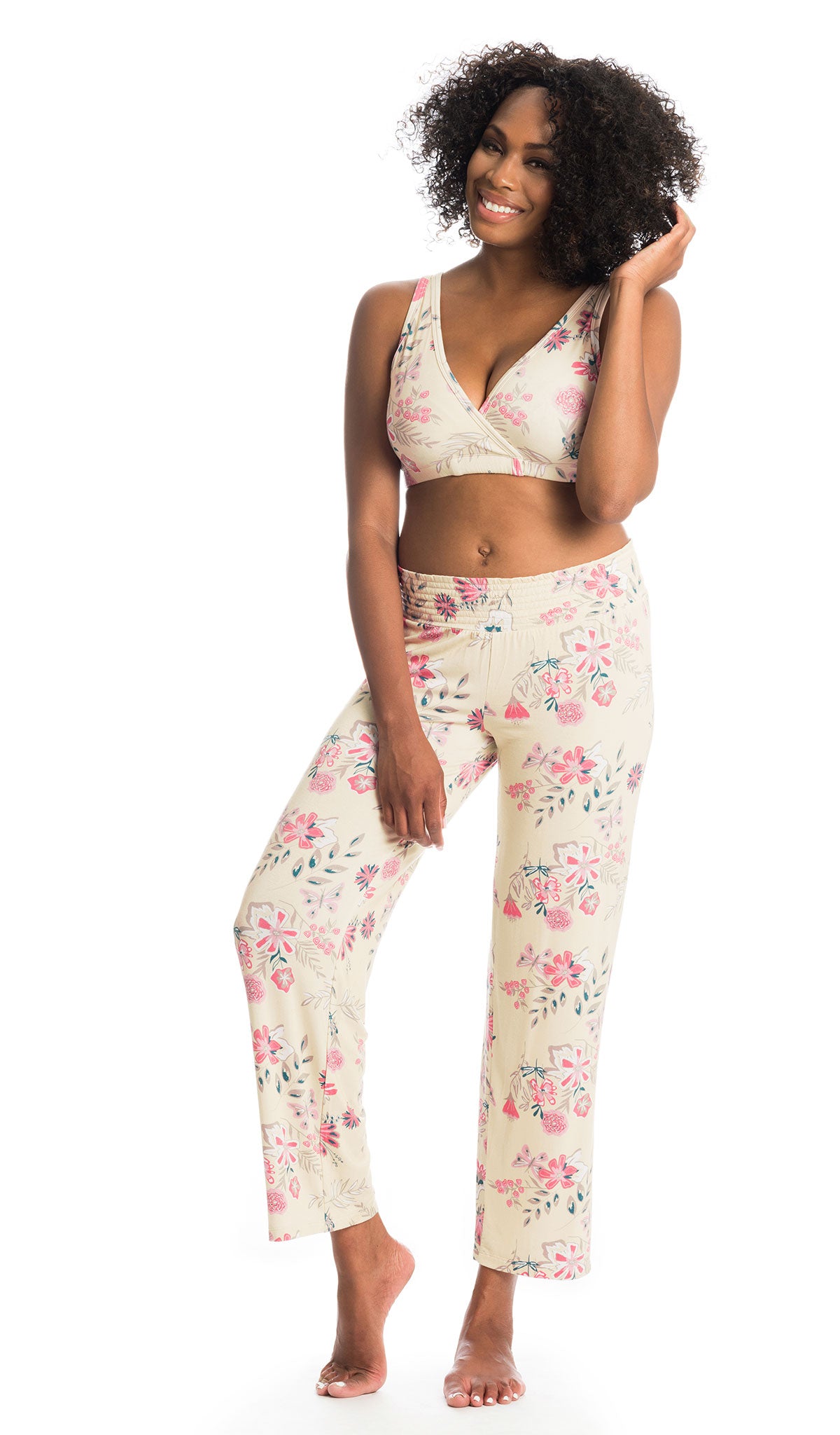 Wild Flower Paisley 3-Pack. Detail shot of woman wearing Wild Flower print bra and matching pant.