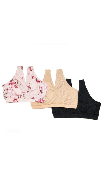 Blossom Paisley 3-Pack flat shot of Blossom bra, Nude bra, and Black bra.