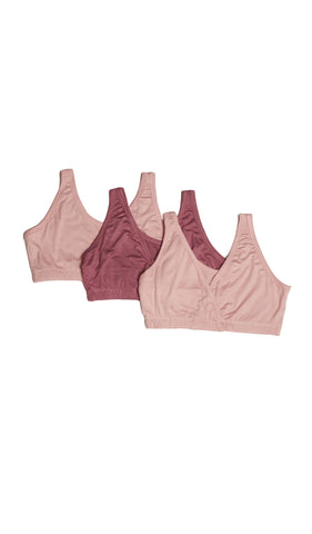 Pink/Mauve Paisley 3-Pack flat shot of solid pink bra, solid mauve bra, and solid pink bra.