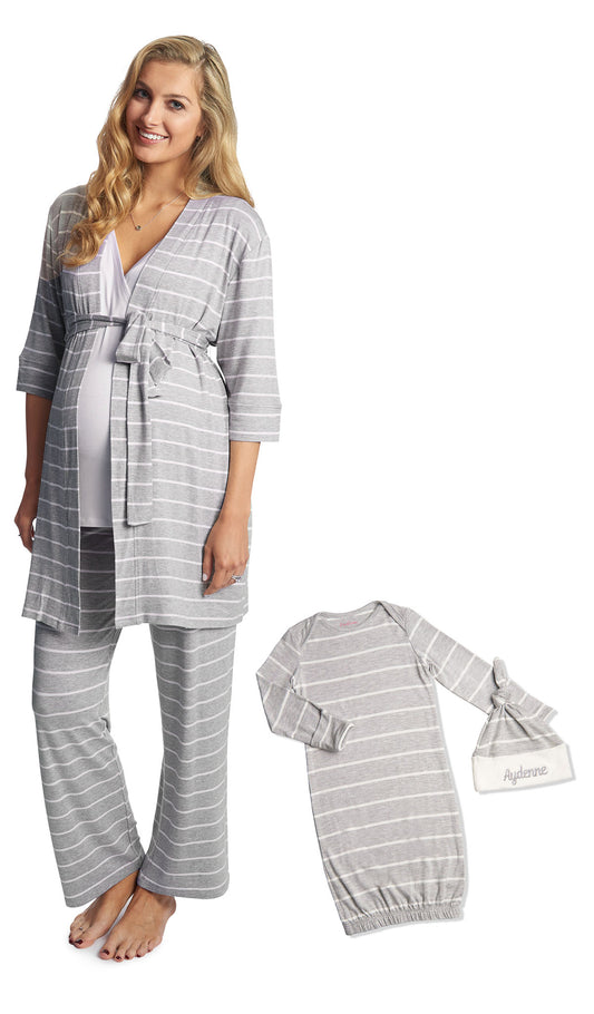 Heather grey personalized Analise 5-Piece Set. Woman wearing 3/4 sleeve robe, tank top and pant with a flat laid baby gown and embroidered baby hat next to her.