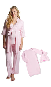 Blush personalized Analise 5-Piece Set. Woman wearing 3/4 sleeve robe, tank top and pant with a flat laid baby gown and embroidered baby hat next to her.