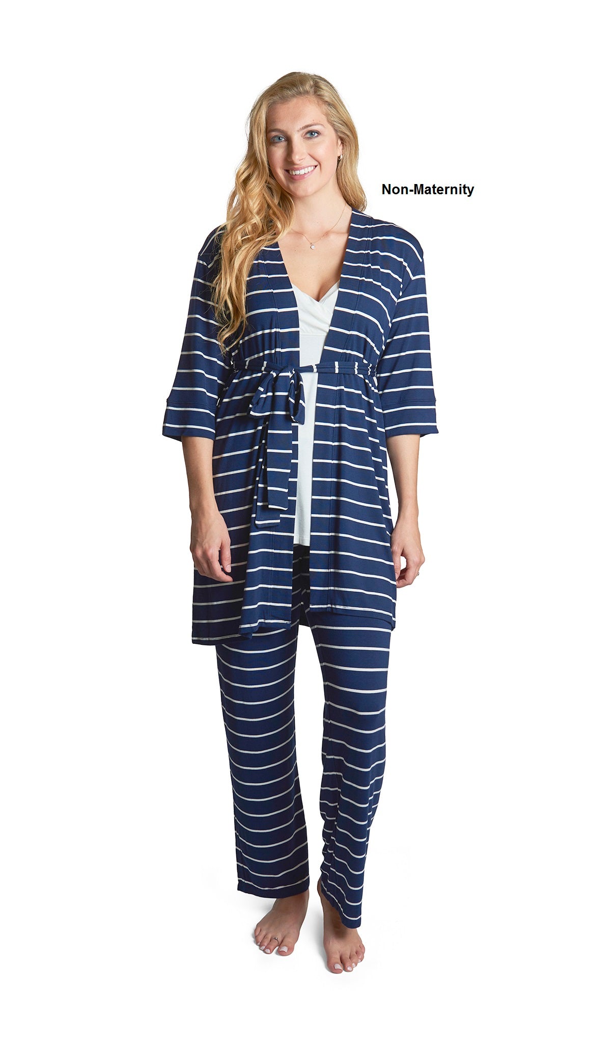 Navy Analise 3-Piece Set. Woman wearing 3/4 sleeve robe, tank top and pant as non-maternity.